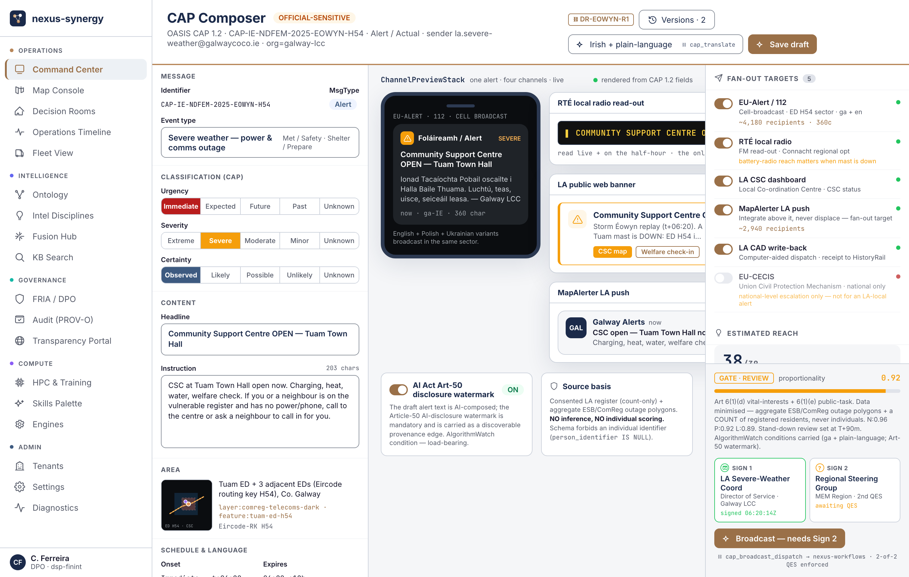 NDFEM · Alert composer (CAP 1.2 write-back)