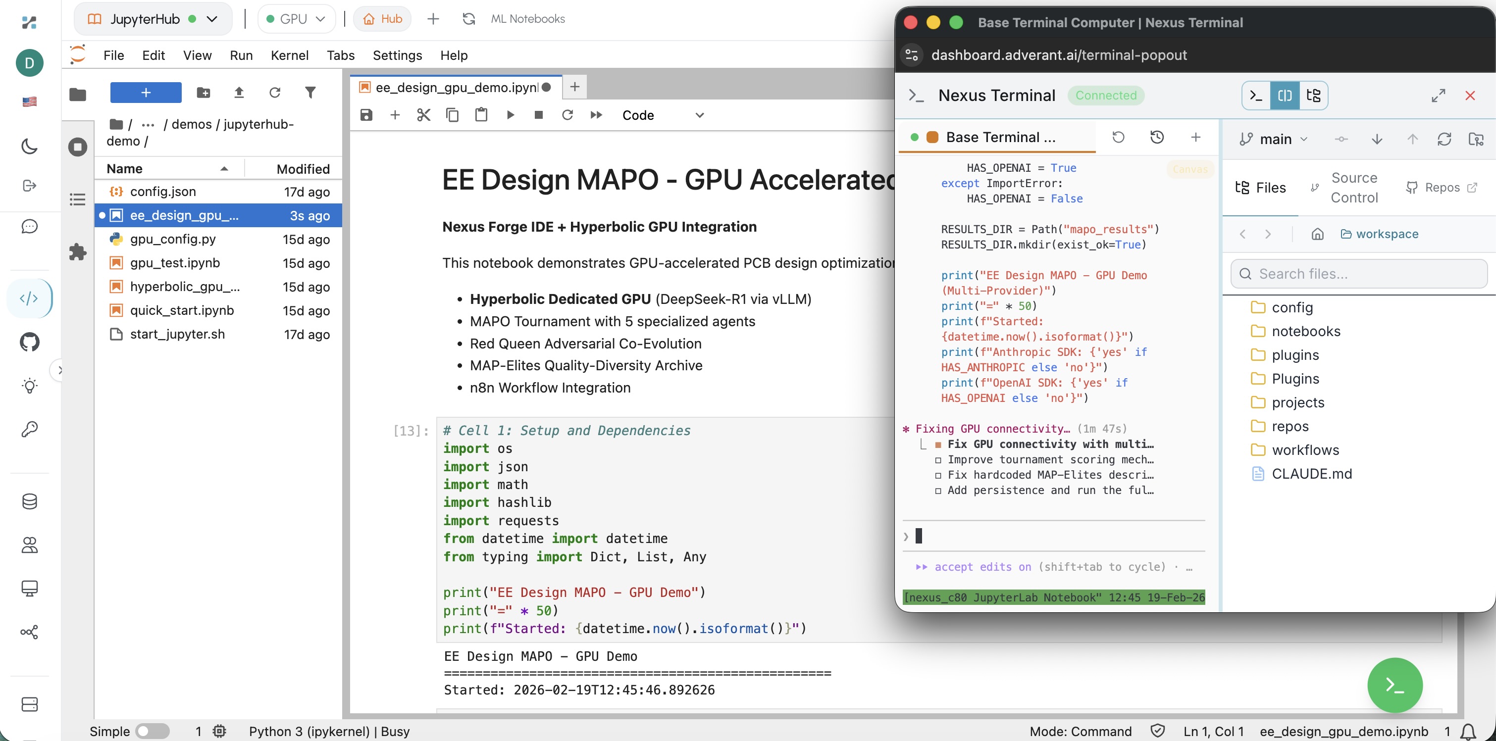 JupyterHub EE Design MAPO GPU Accelerated Demo notebook with terminal showing GPU compute output and file browser