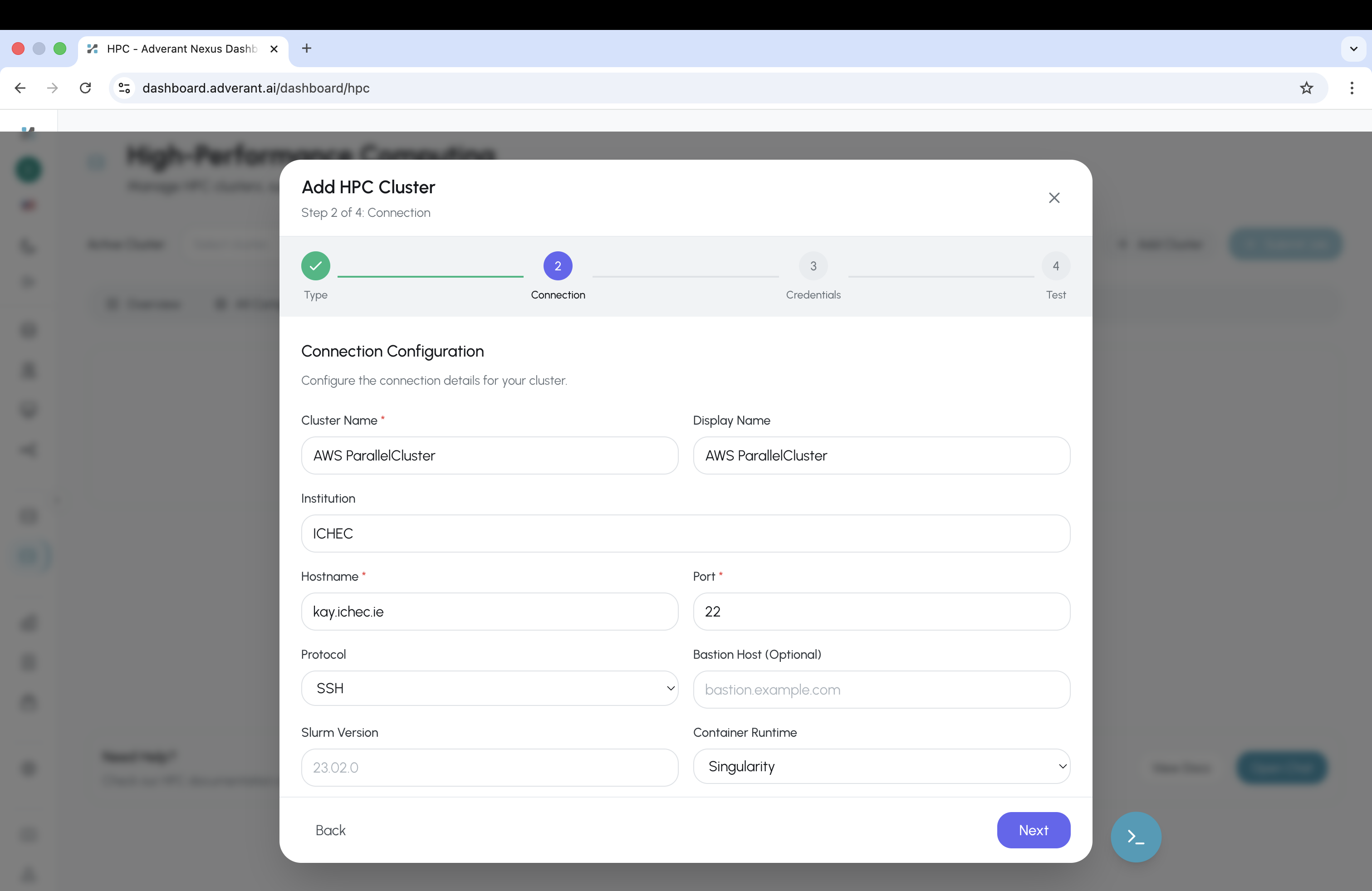 Add HPC Cluster wizard showing connection configuration for AWS ParallelCluster with SSH, Slurm, and Singularity container runtime settings