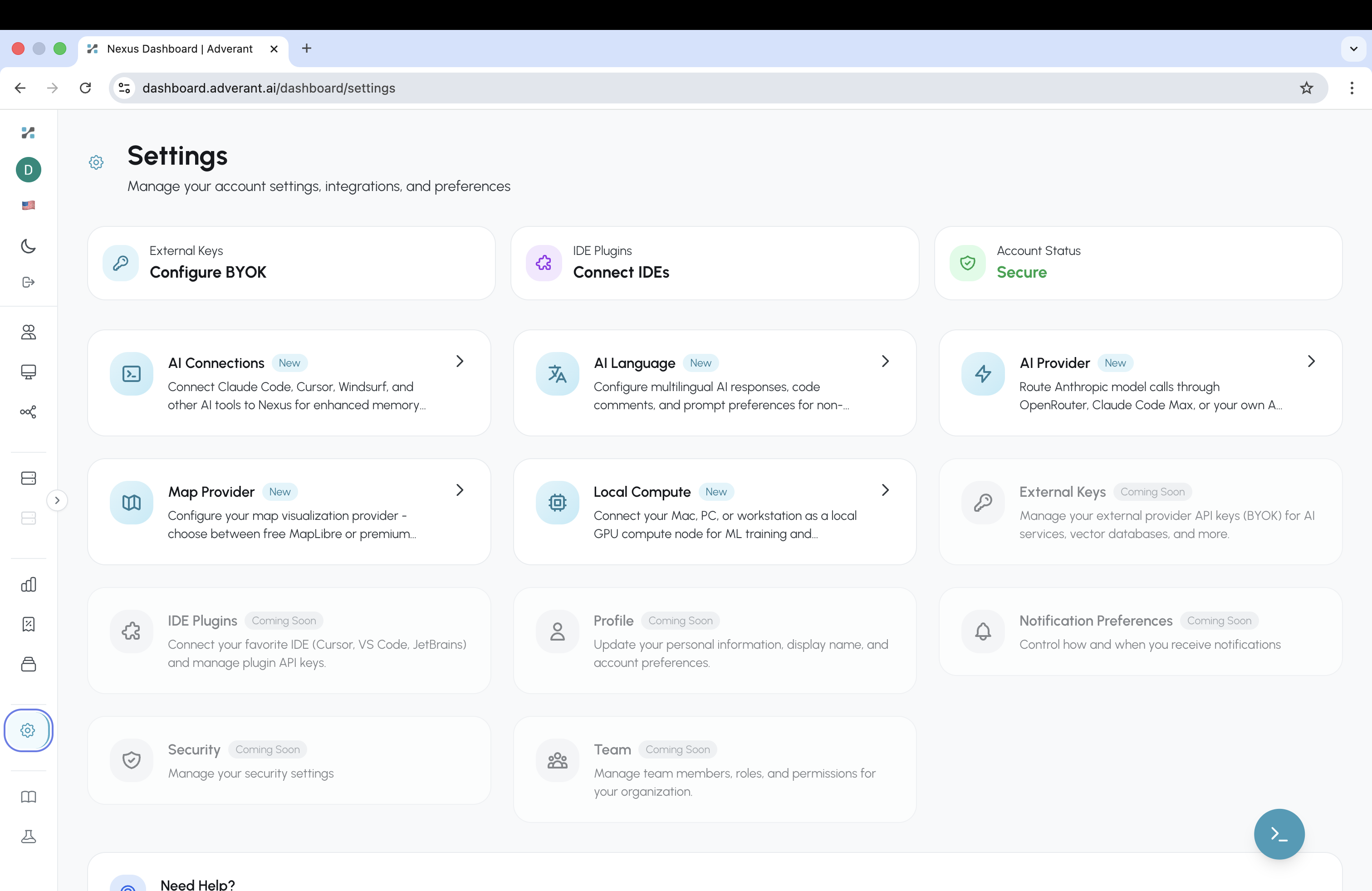 Nexus Dashboard Settings page showing AI Connections, AI Language, AI Provider routing, Map Provider, Local Compute GPU configuration, IDE Plugins, and BYOK key management
