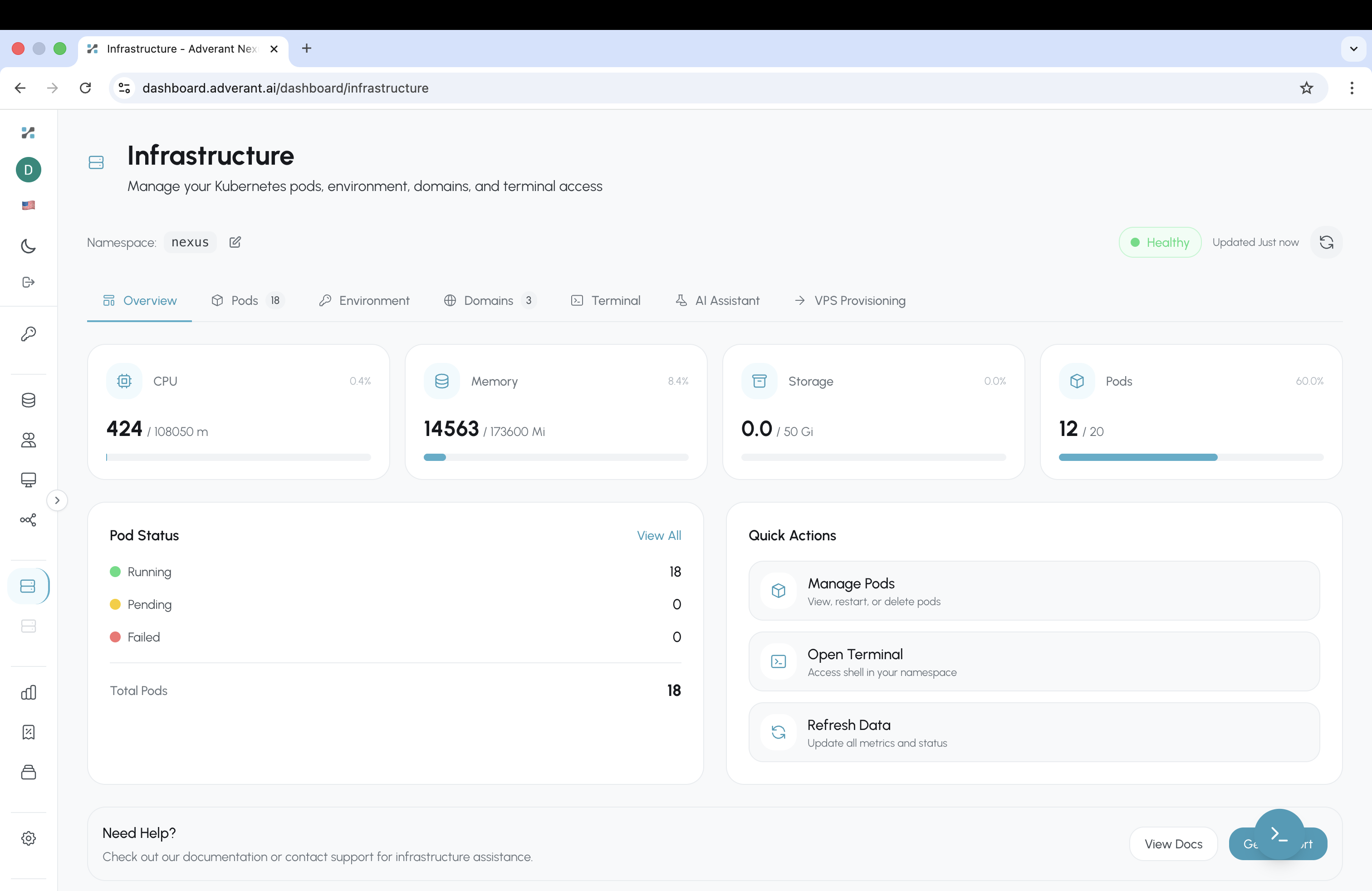 Infrastructure overview showing 18 running Kubernetes pods, CPU (424m), Memory (14563 Mi), Storage metrics, all healthy with zero failures