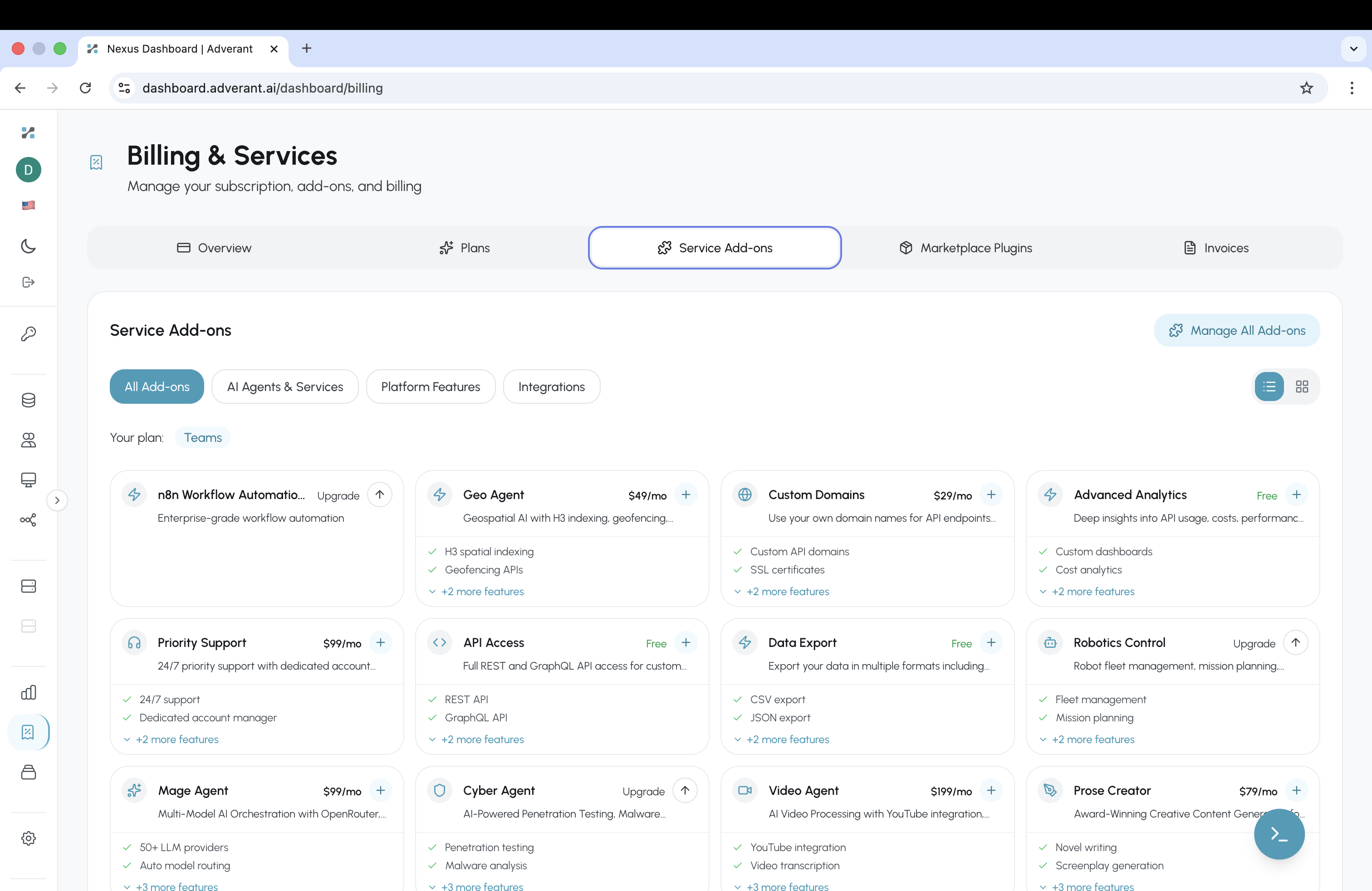 Billing & Services page showing Service Add-ons grid with Geo Agent, Mage Agent, Cyber Agent, Video Agent, Data Export, API Access, and Robotics Control