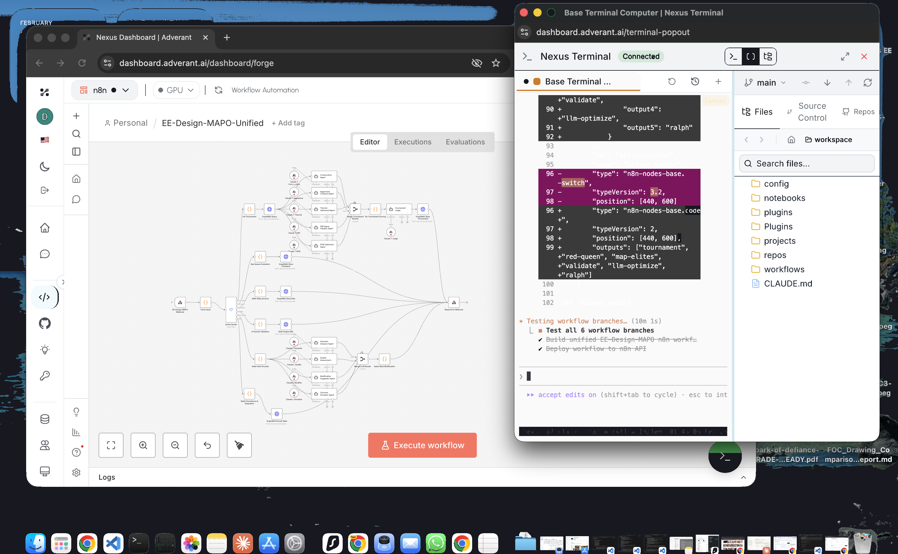 Forge IDE workflow editor alongside Nexus Terminal Computer displaying JSON node output from workflow execution
