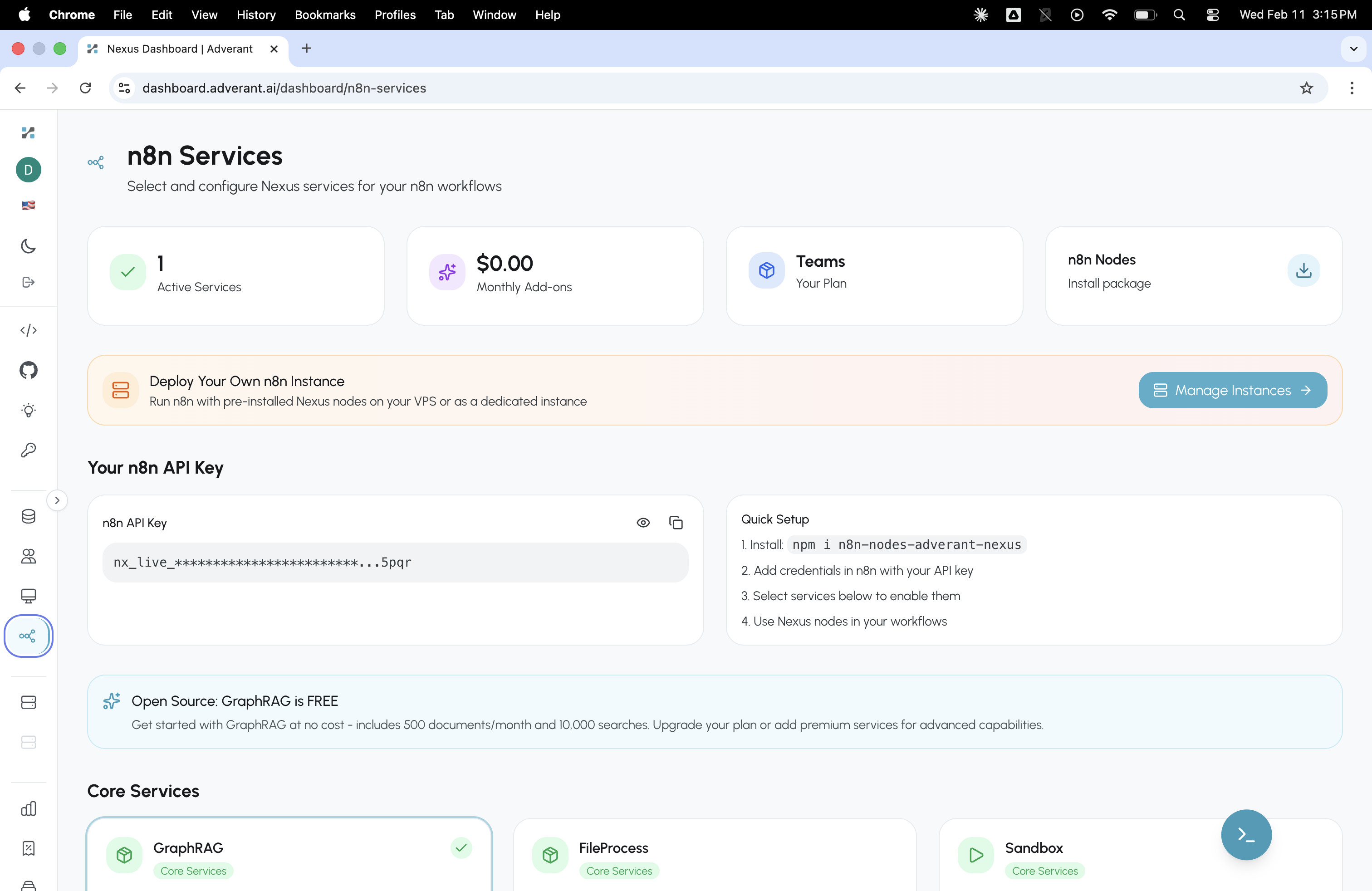 n8n Services page showing API key, Quick Setup instructions, and Core Services including GraphRAG, FileProcess, and Sandbox — the foundation plugins build on