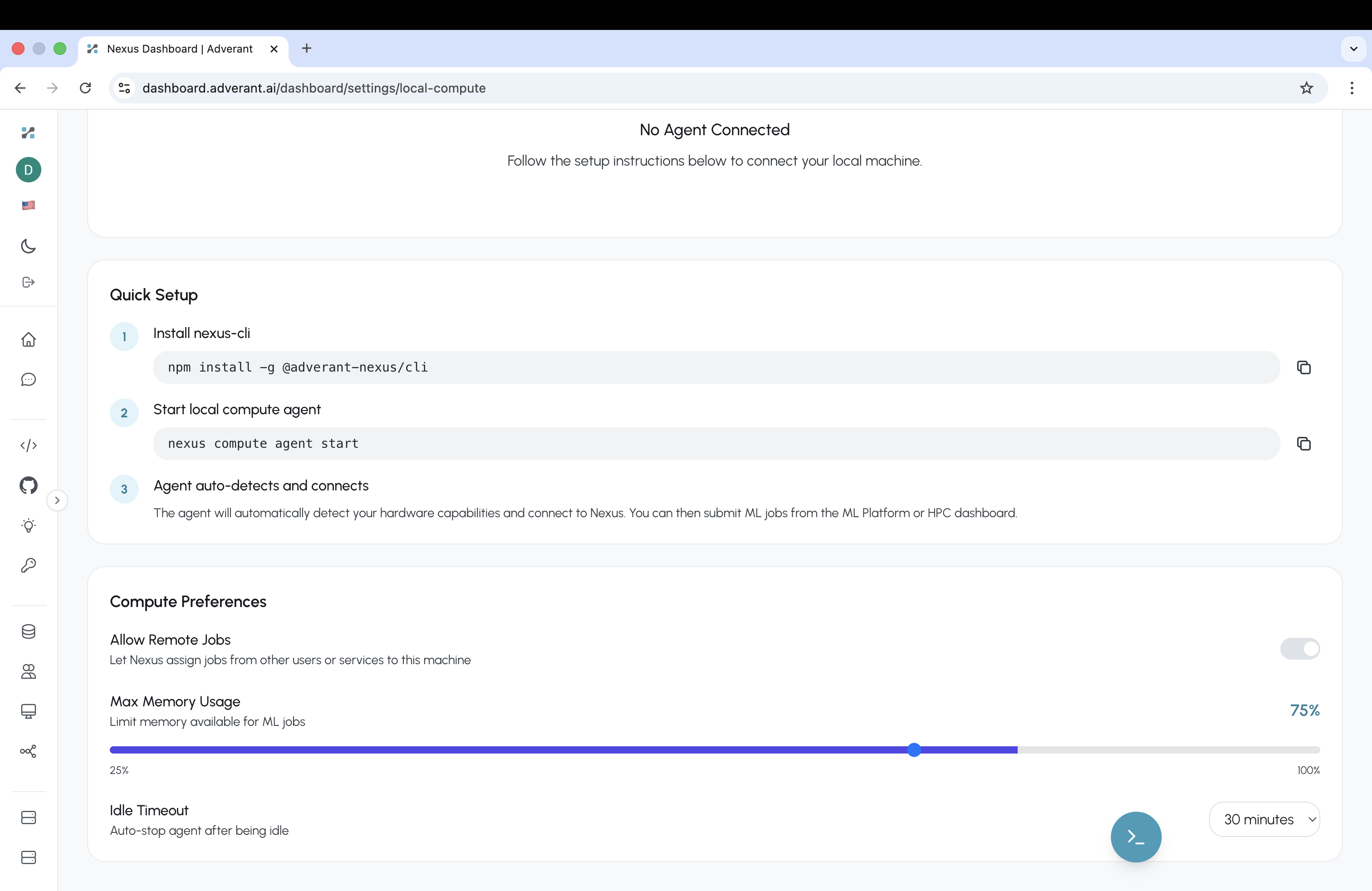 Local Compute settings page with nexus-cli Quick Setup instructions, Compute Preferences for memory allocation and idle timeout configuration
