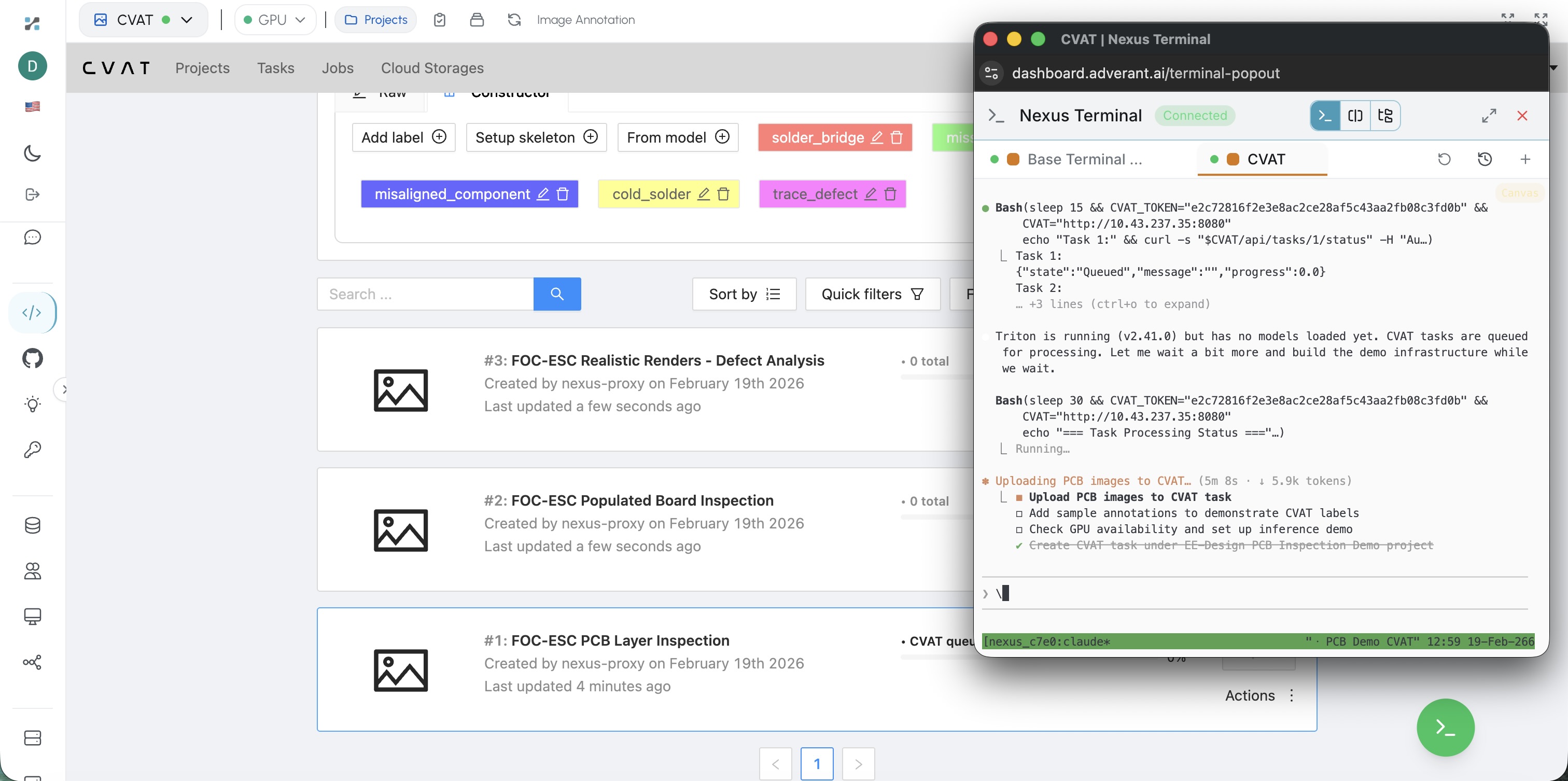 CVAT computer vision platform showing PCB inspection projects with defect labels (solder_bridge, cold_solder, trace_defect, misaligned_component) alongside terminal uploading PCB images