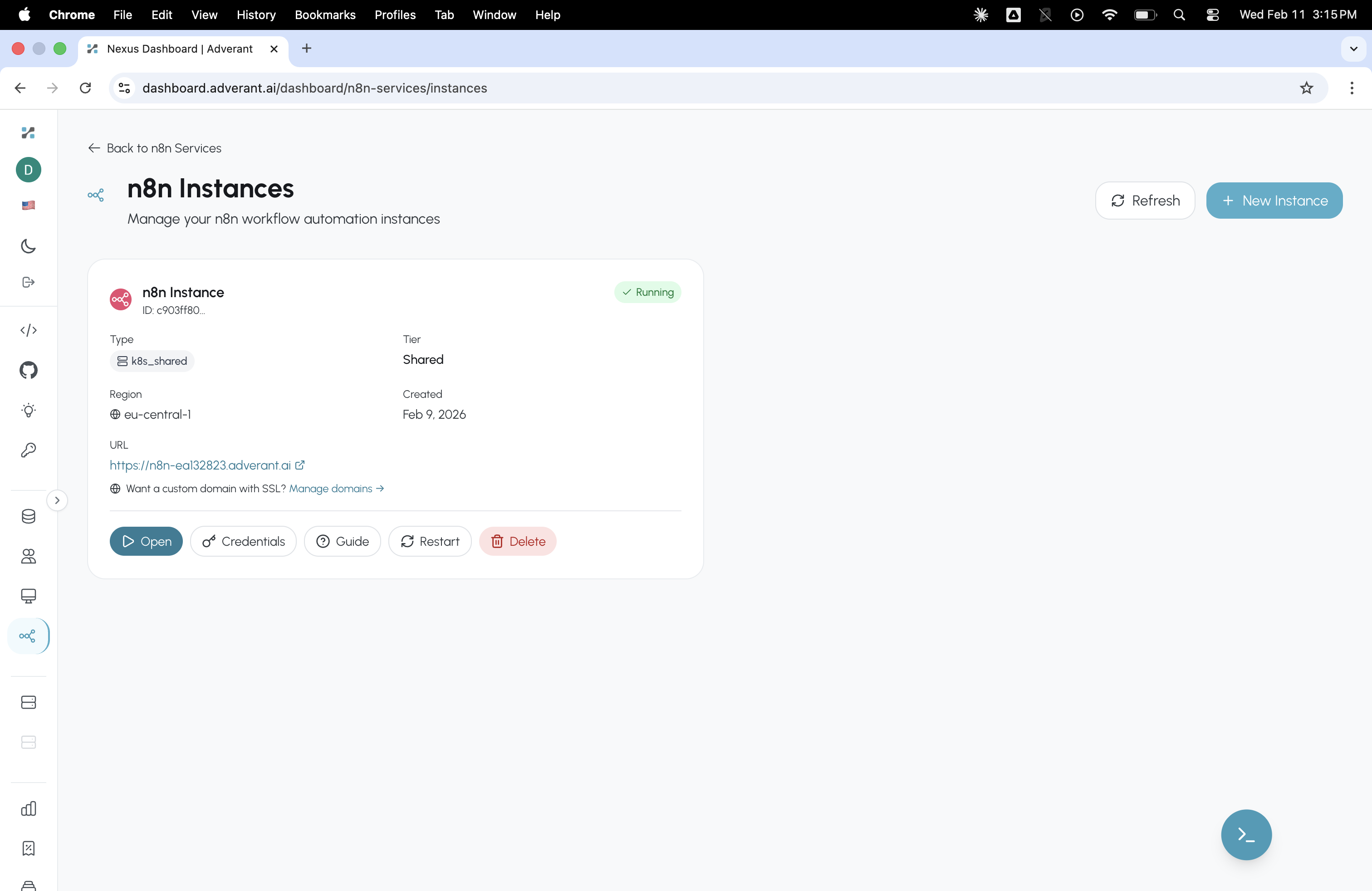 n8n Instances page showing a running n8n instance deployed on Kubernetes (k8s_shared) in eu-central-1 region with Open, Credentials, Guide, Restart, and Delete controls