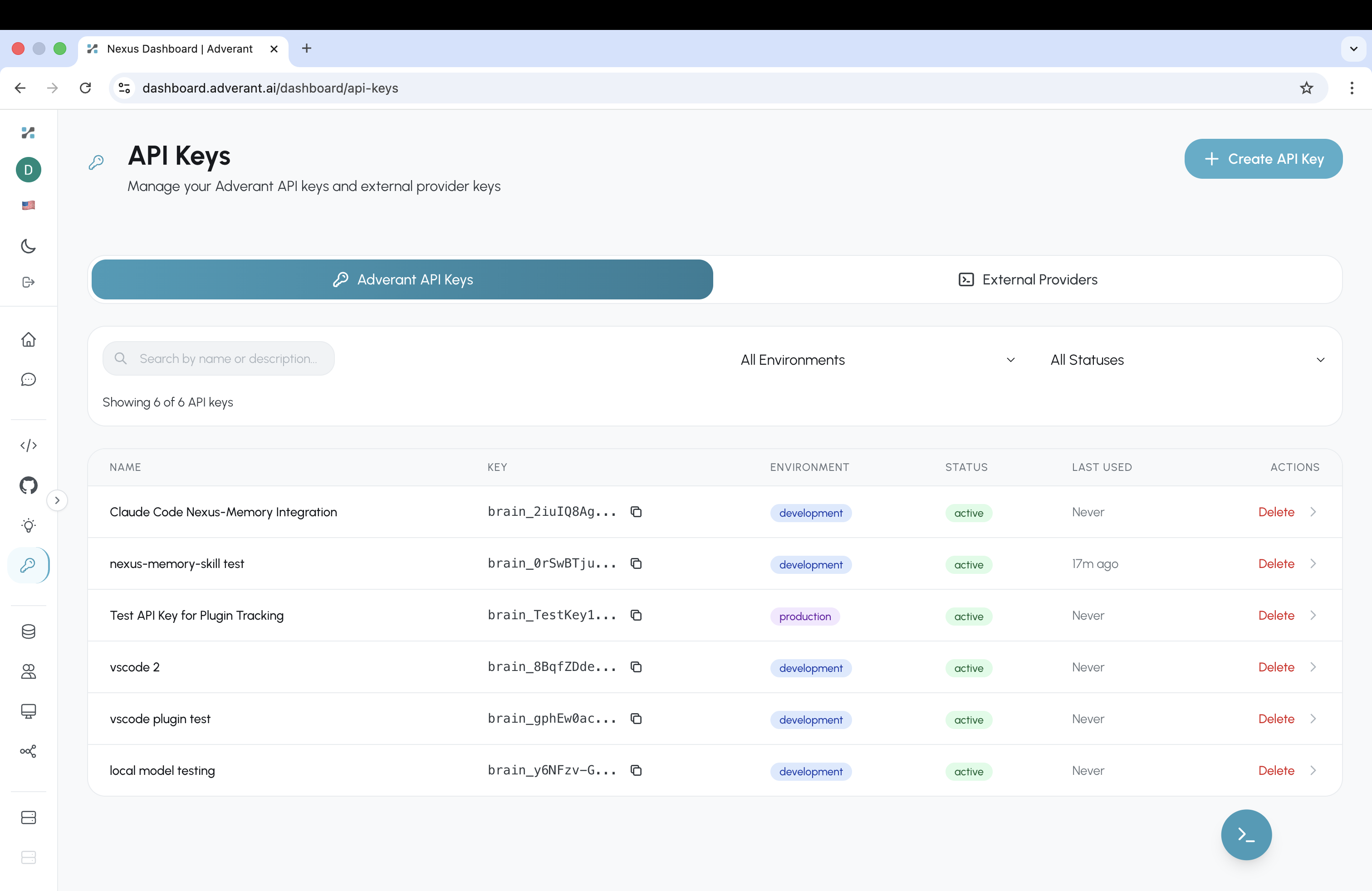 API Keys management page showing 6 active keys across development and production environments with status and last used timestamps