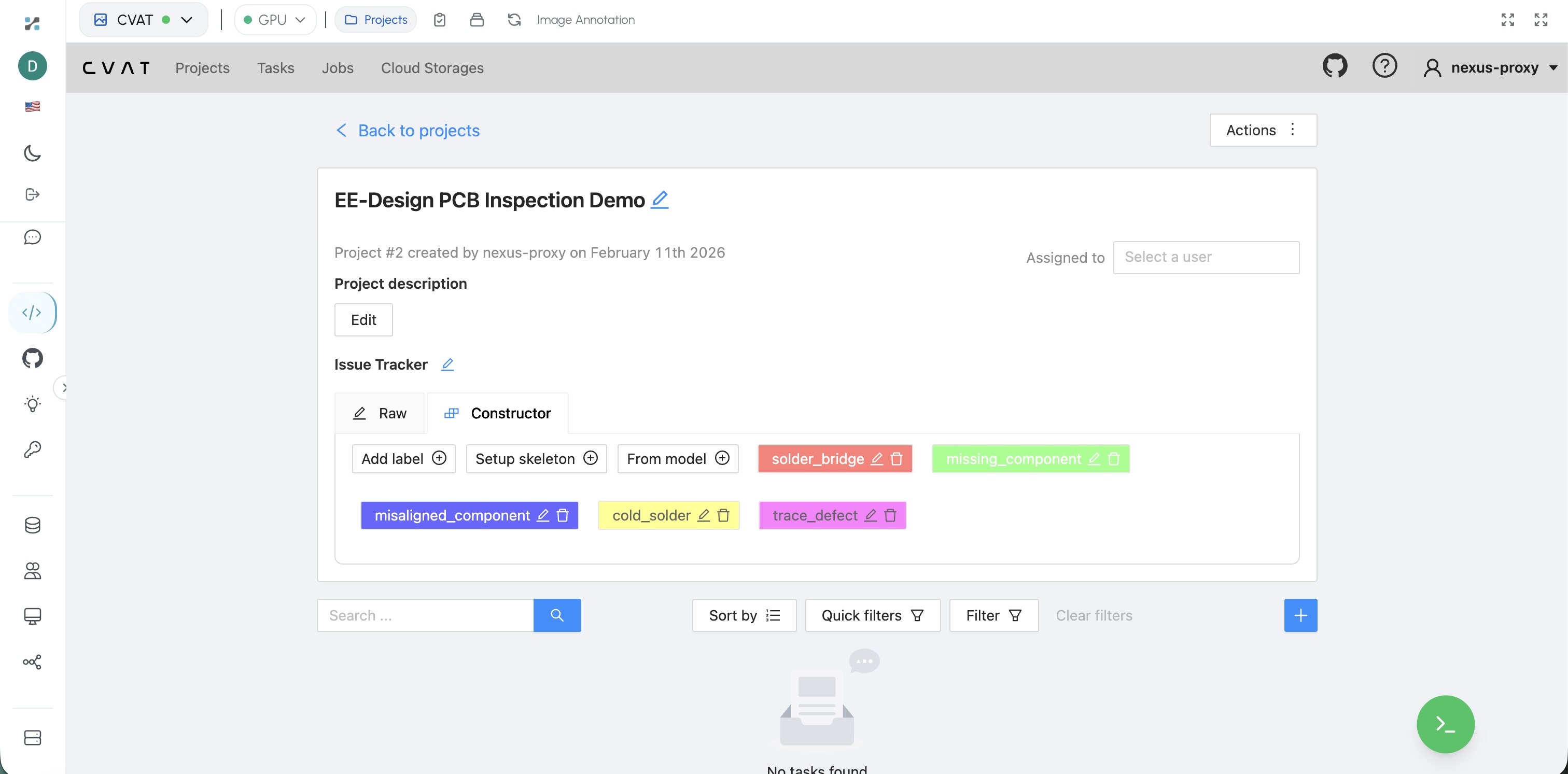 CVAT EE-Design PCB Inspection Demo project showing defect labels for solder_bridge, missing_component, misaligned_component, cold_solder, and trace_defect with project management interface