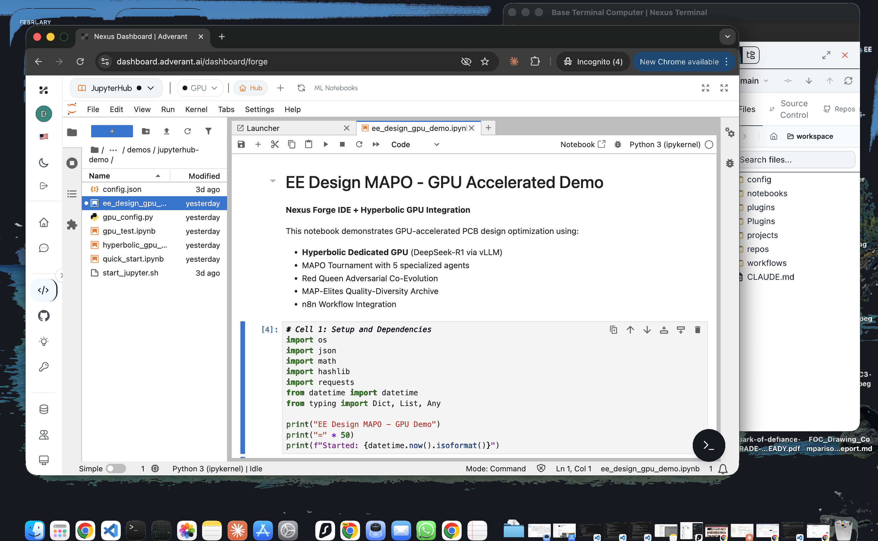 JupyterHub notebook showing EE Design MAPO GPU Accelerated Demo with Hyperbolic Dedicated GPU, DeepSeek-R1 vLLM integration, Red Queen Co-Evolution, and MAP-Elites algorithms