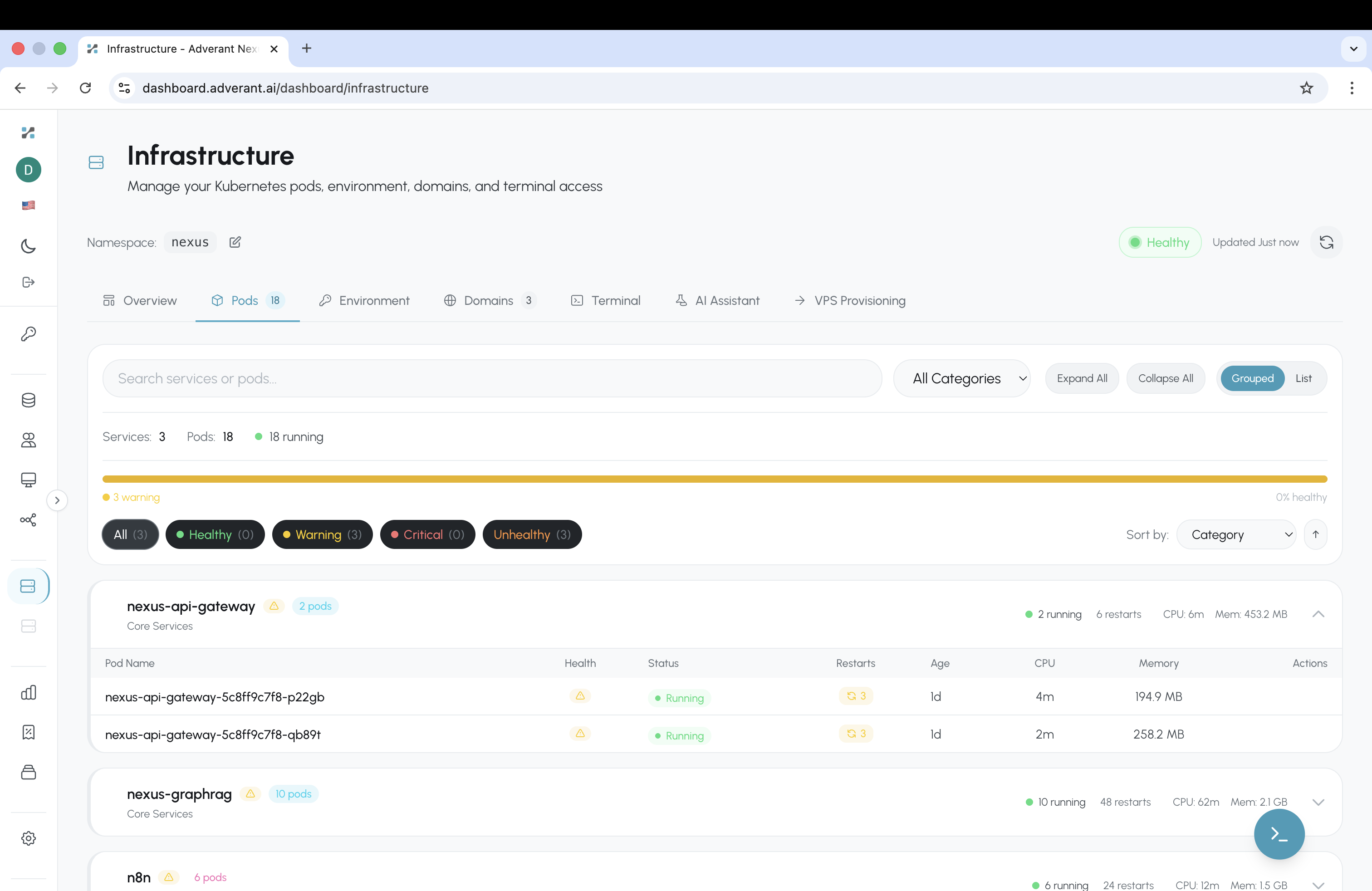 Infrastructure Pods view showing nexus-api-gateway, nexus-graphrag, and n8n services grouped by category with health status, CPU, memory, and restart counts