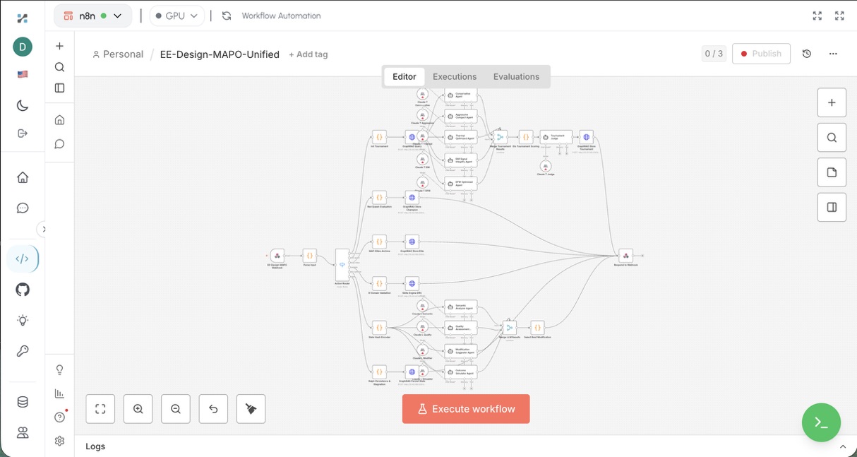 Nexus Forge visual workflow editor showing EE-Design-MAPO-Unified multi-agent workflow with connected AI agents, tournament judges, and GraphRAG integration