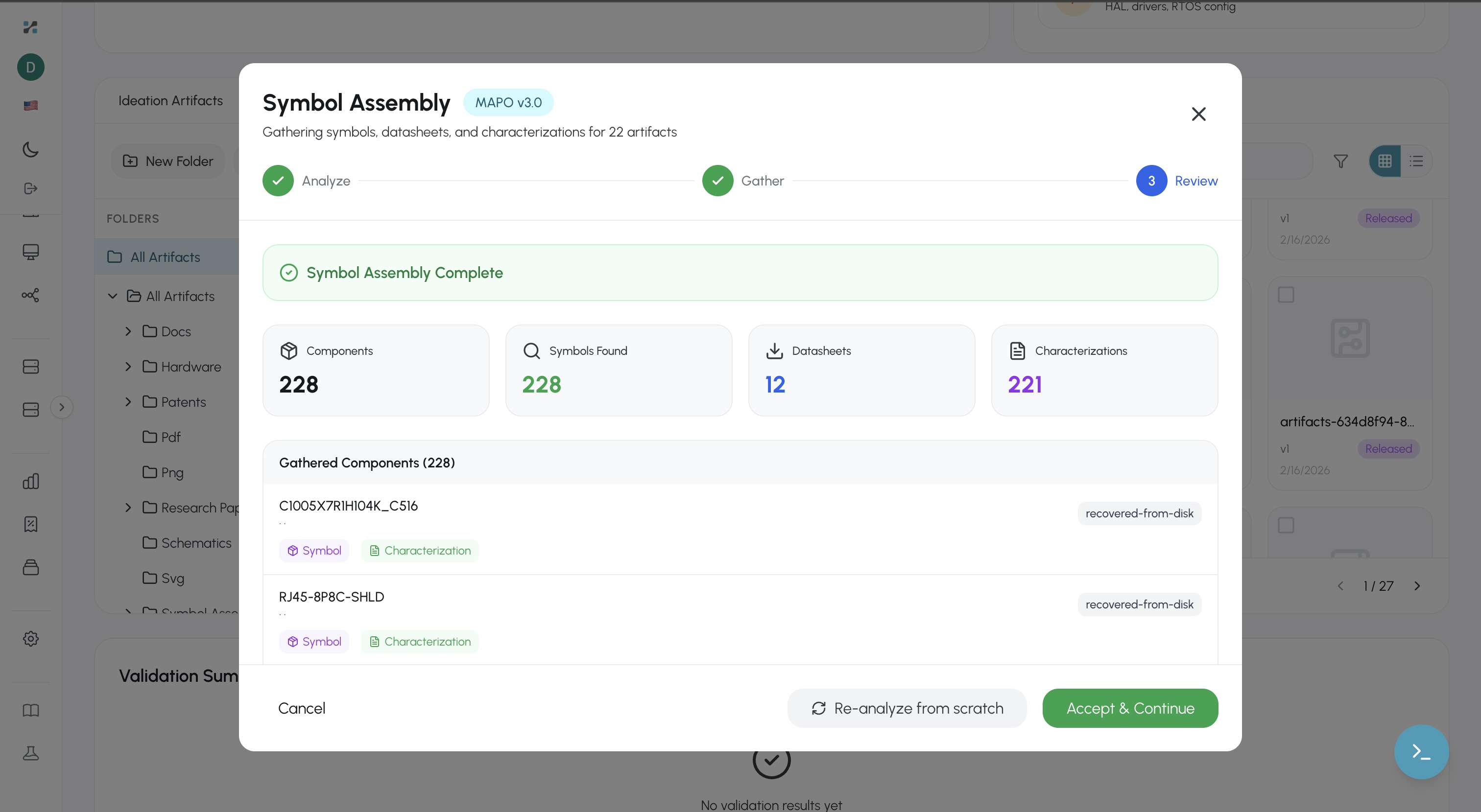 EE Design Plugin Symbol Assembly MAPO v3.0 showing 228 components gathered, 228 symbols found, 12 datasheets, and 221 characterizations with Analyze, Gather, Review workflow steps
