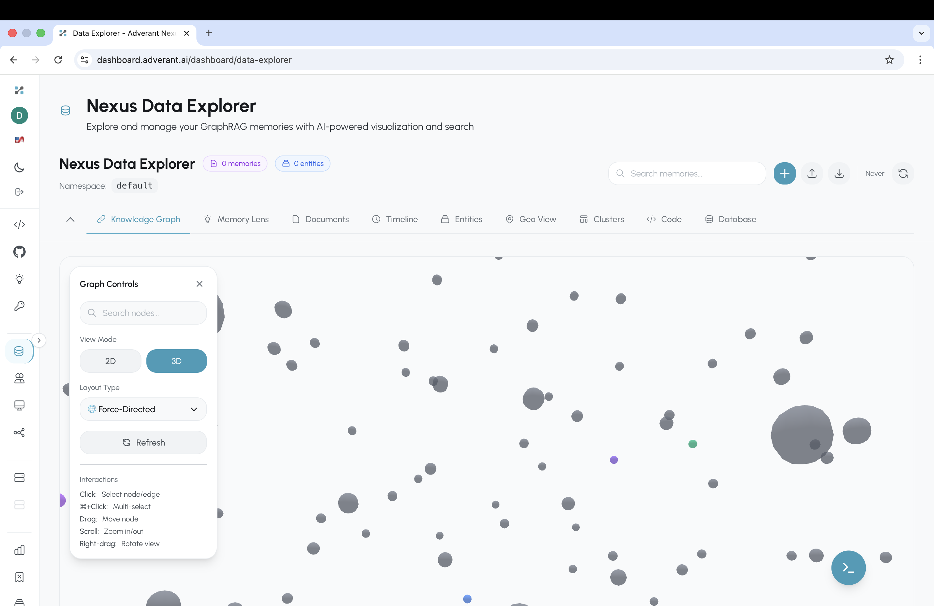 Nexus Data Explorer showing 3D force-directed knowledge graph visualization with Graph Controls panel for search, layout, and interaction