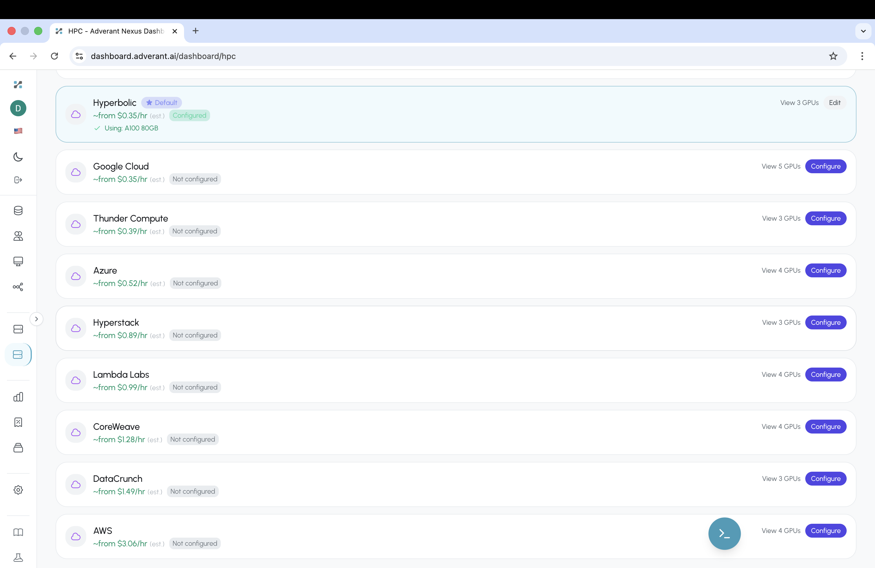 Compute Options showing 9 cloud GPU providers — Hyperbolic, Google Cloud, Thunder Compute, Azure, Hyperstack, Lambda Labs, CoreWeave, DataCrunch, AWS — with per-GPU pricing