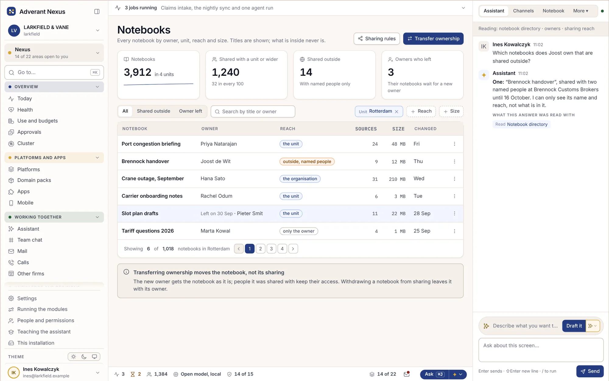 A list of shared notebooks with owners and sharing rules
