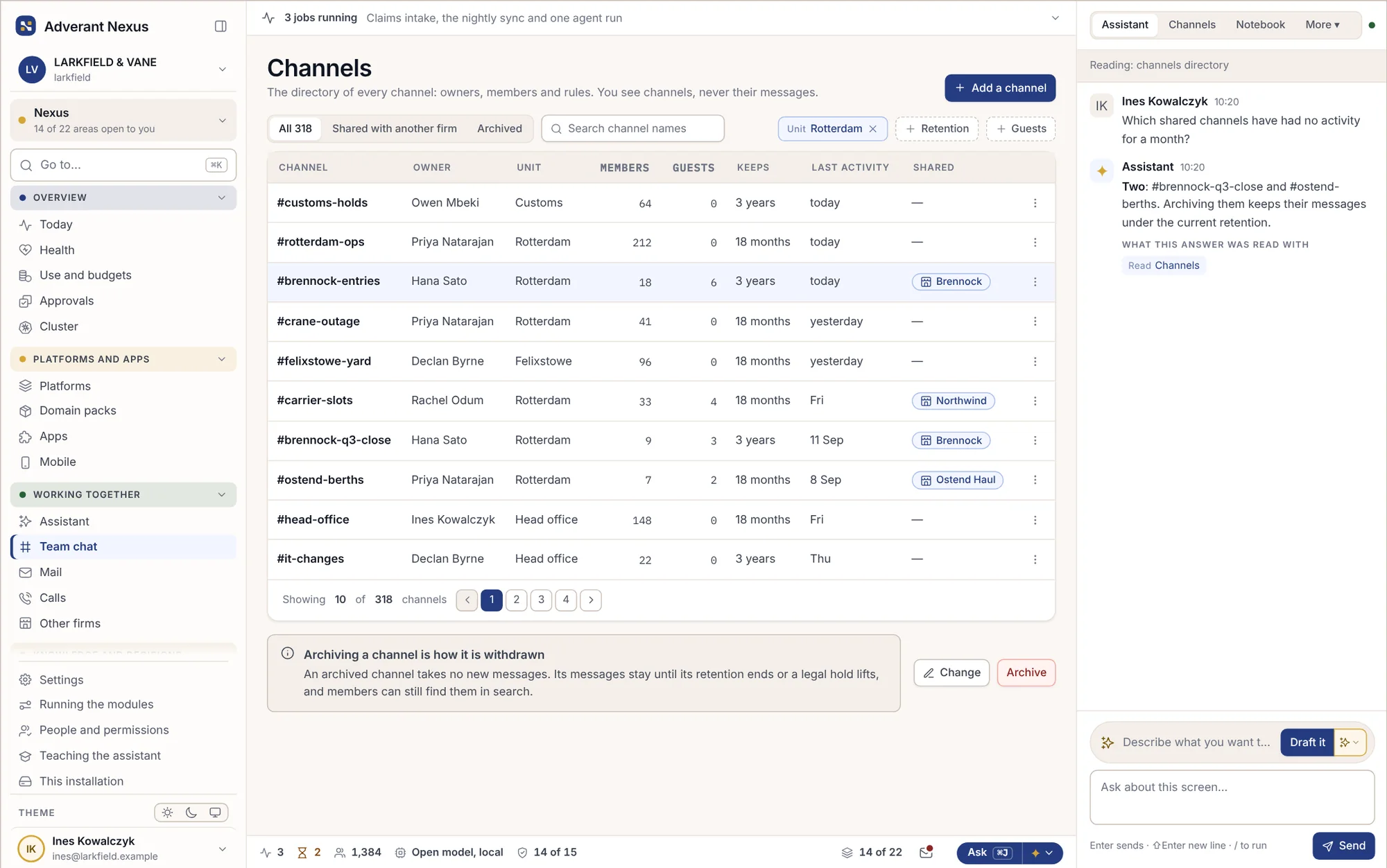 Team chat channels with owners, members and retention