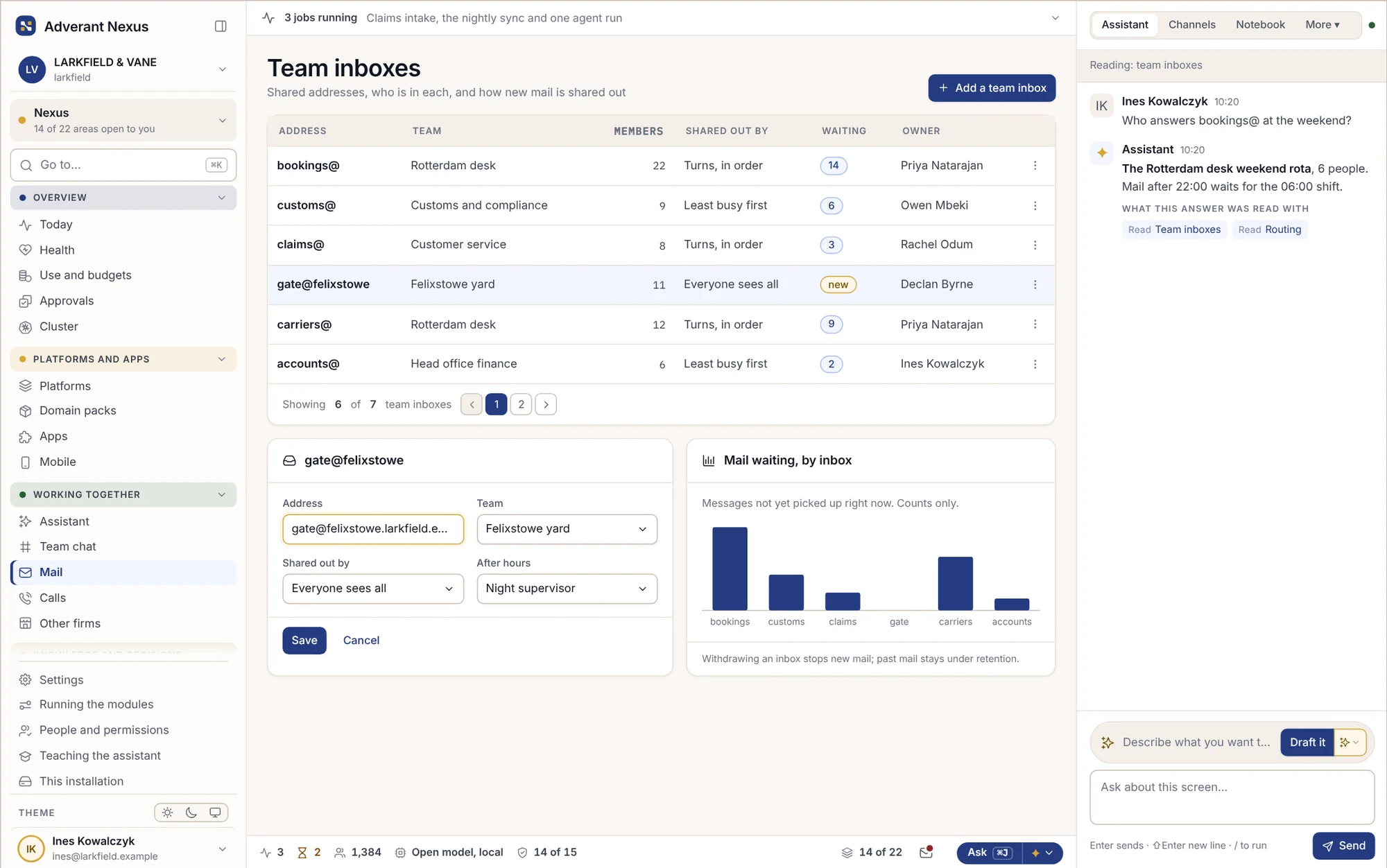 Shared team inboxes with owners and rules