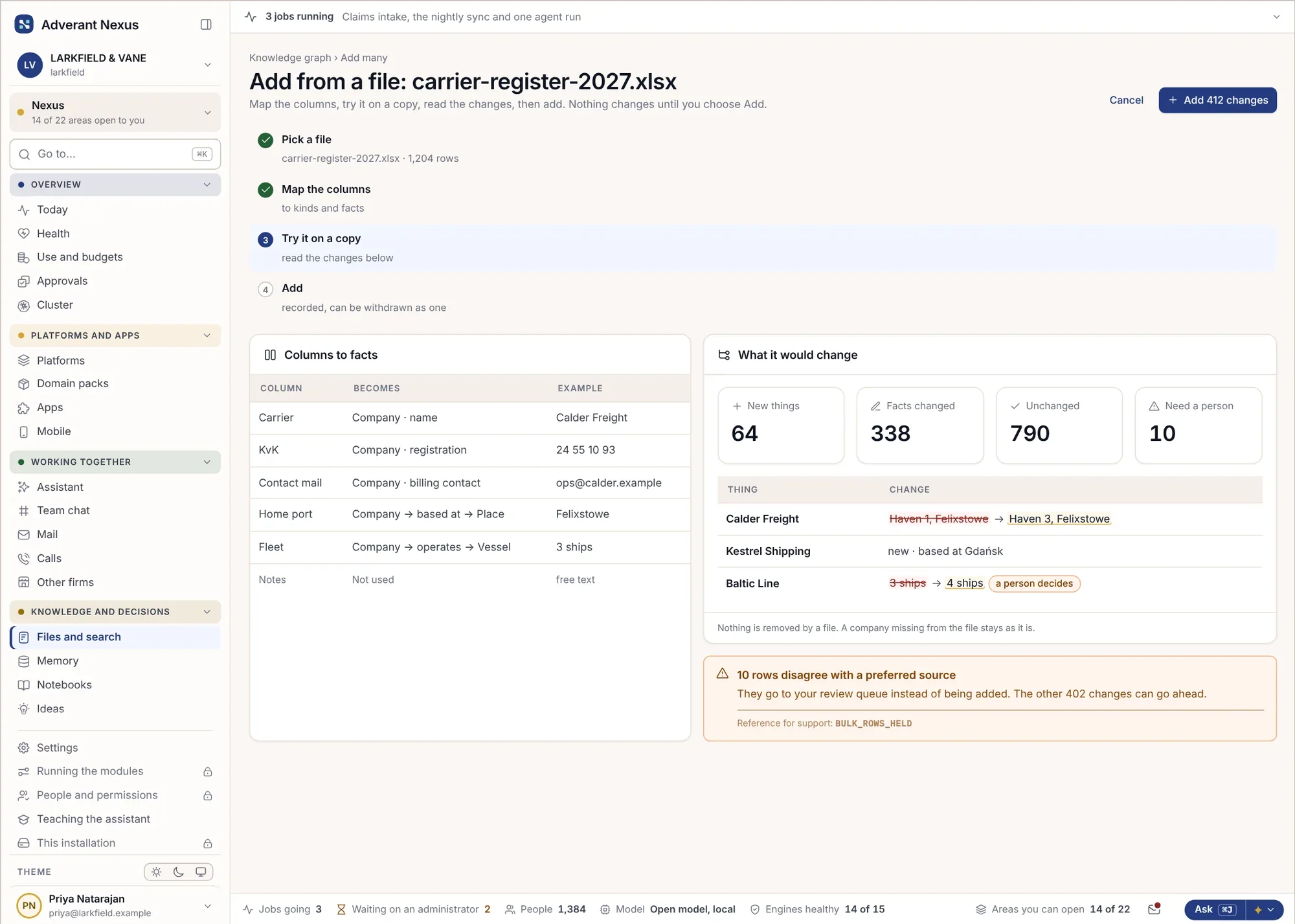 Chargement d'un registre et visualisation des modifications qu'il entraînerait
