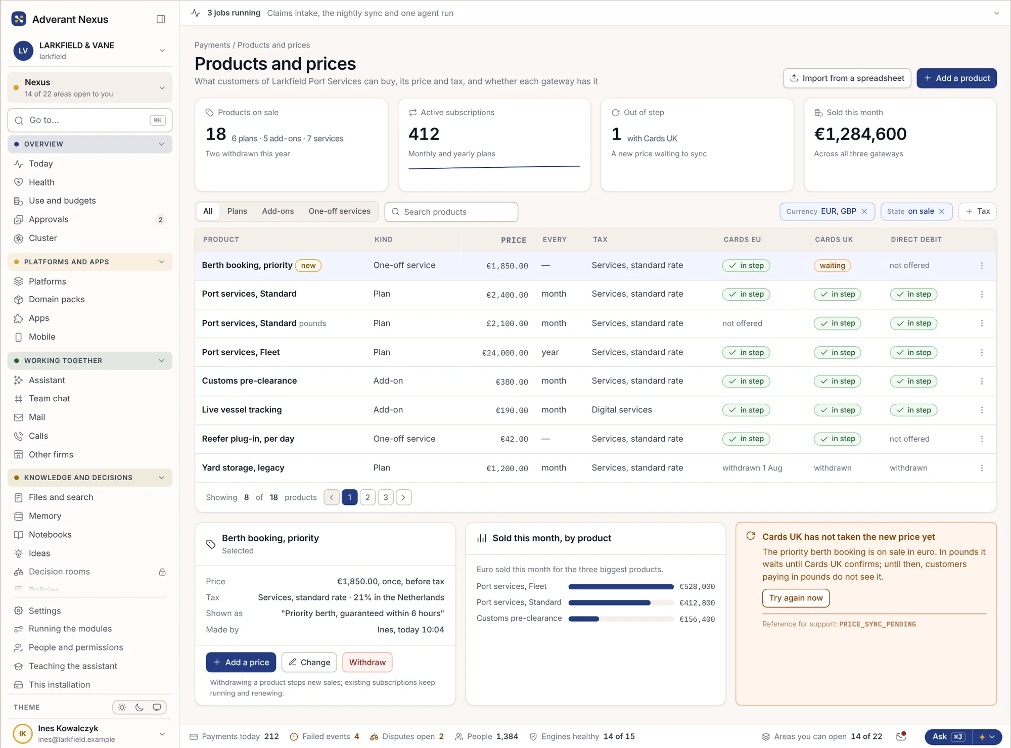 Products and prices, with each product’s state on each gateway