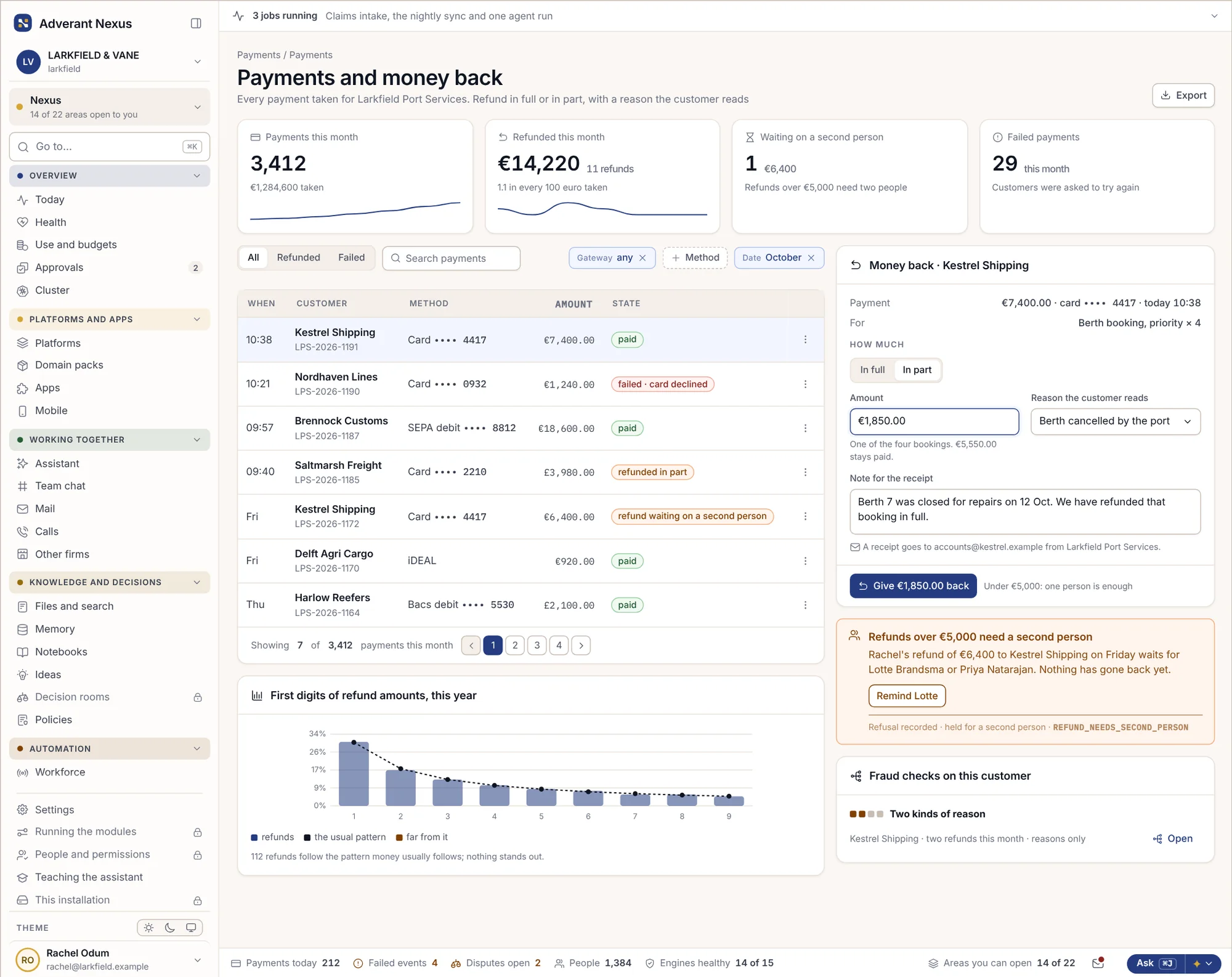 Payments and refunds for a port services customer