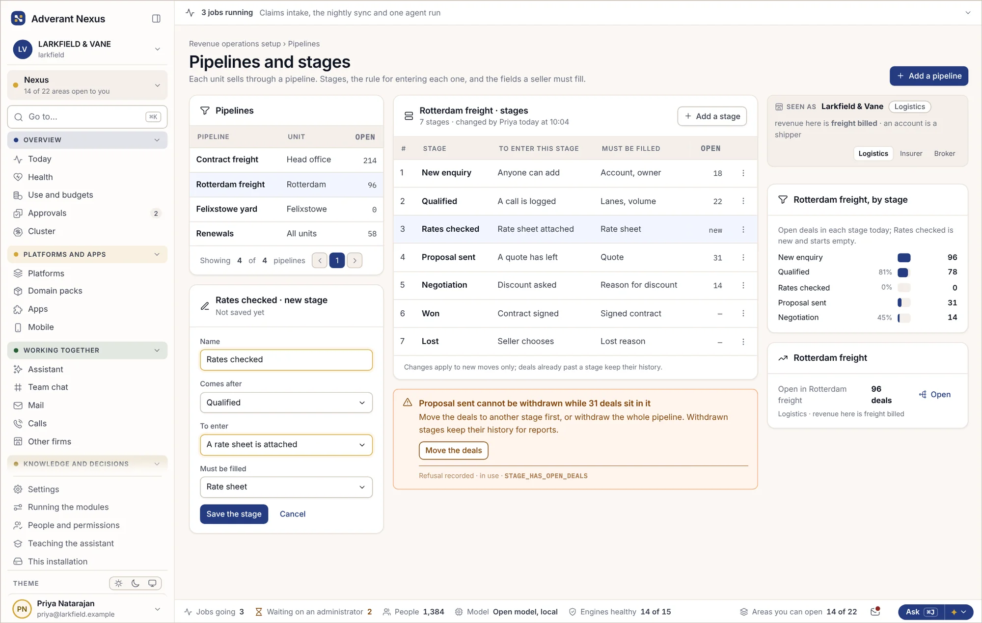 Pipelines and stages: the rule for entering each stage and the fields a seller must fill