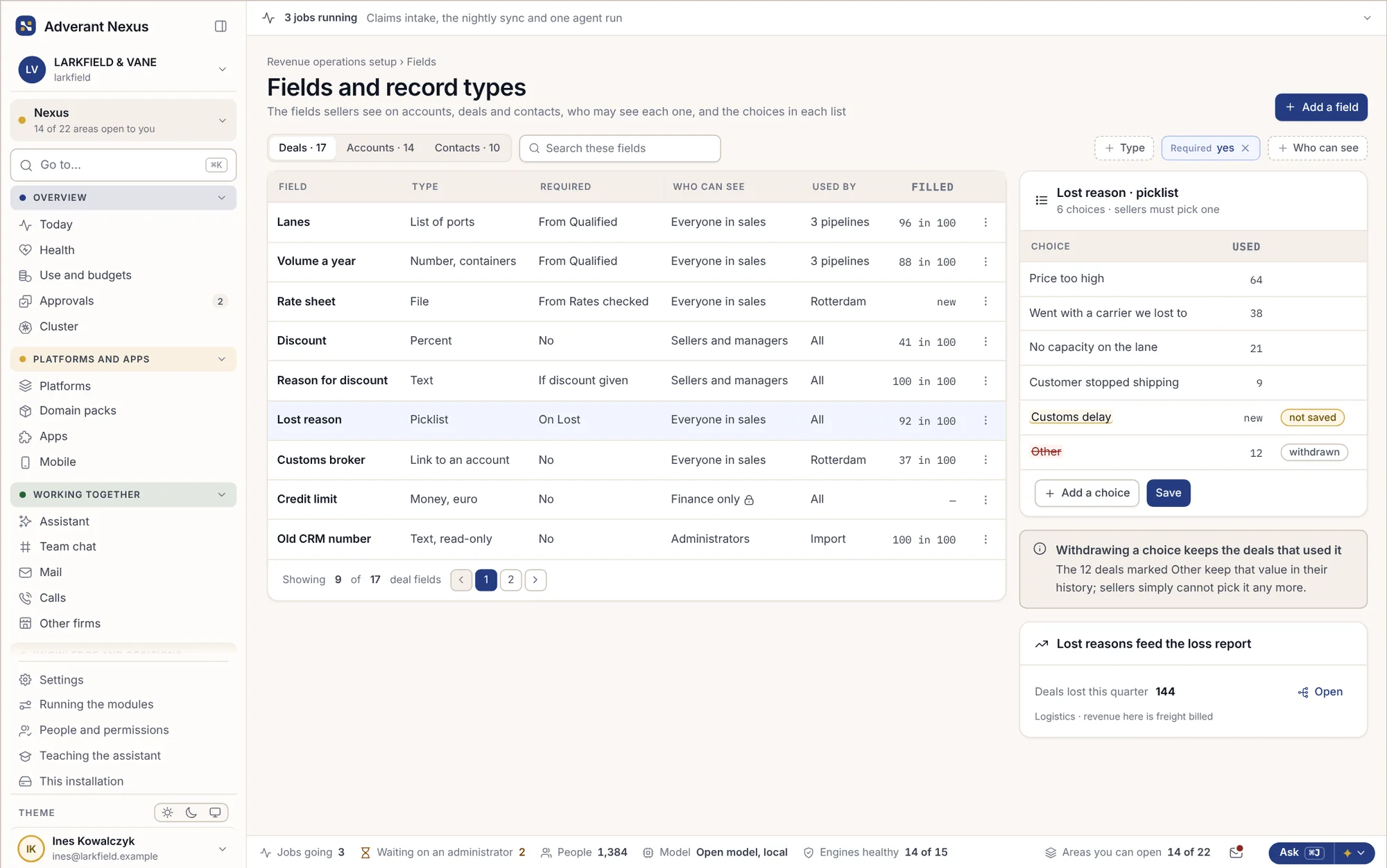 Fields and record types for deals, with who may see each field