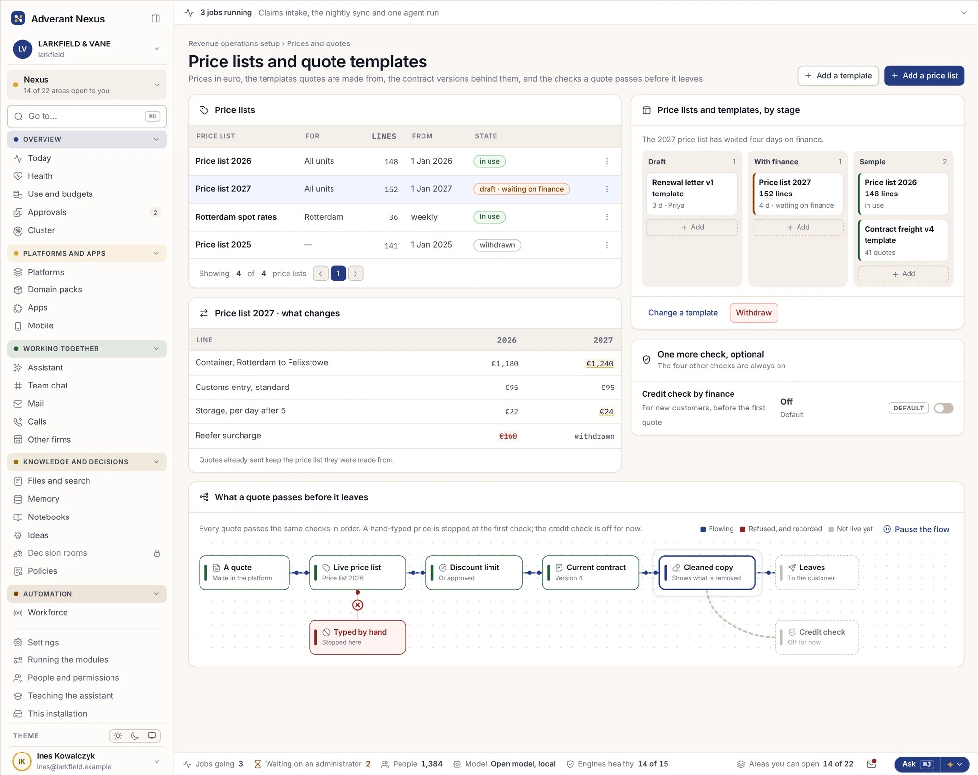 Price lists and quote templates, with the 2027 list waiting on finance
