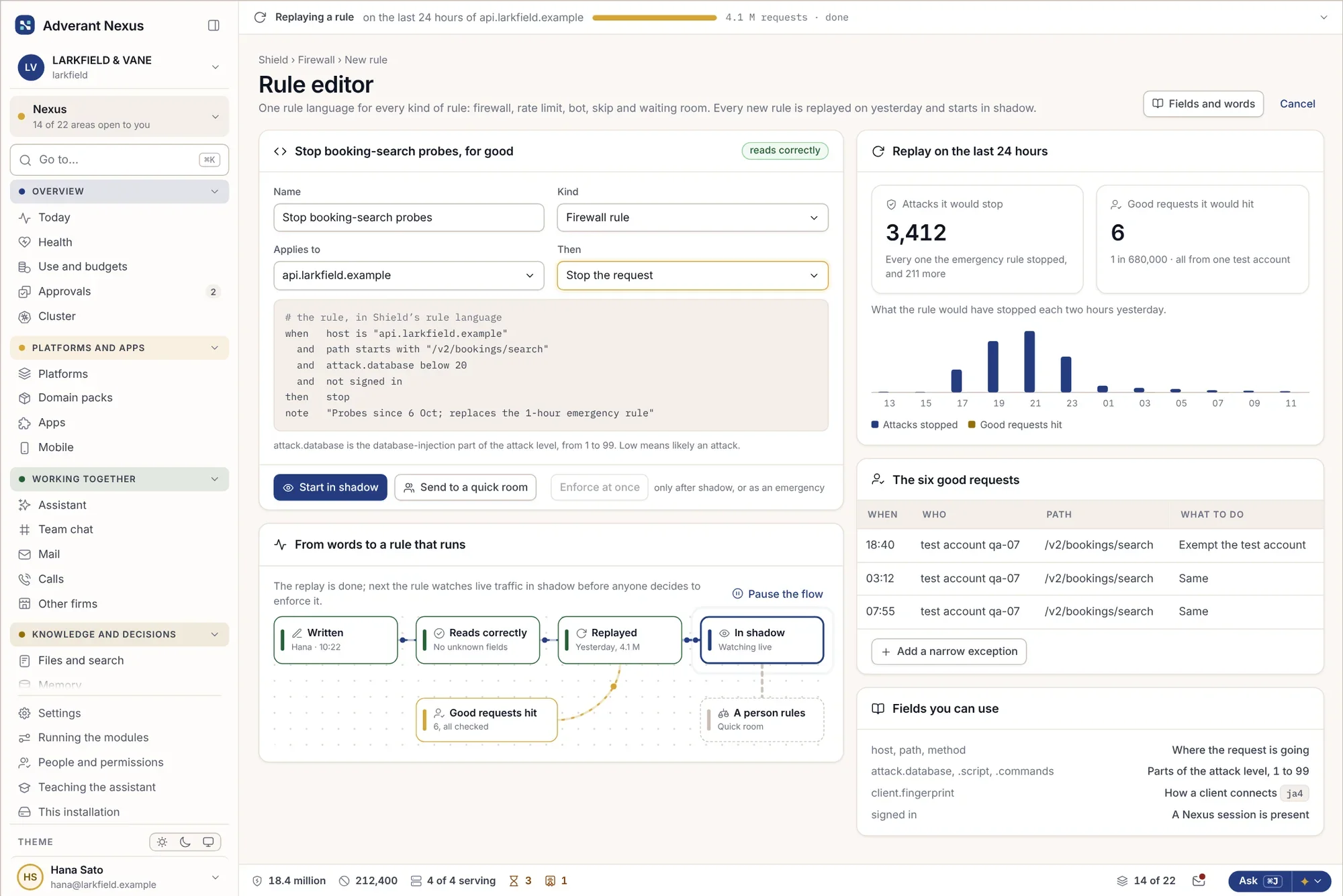 Creación de una regla y comprobación de su efecto con el tráfico de ayer