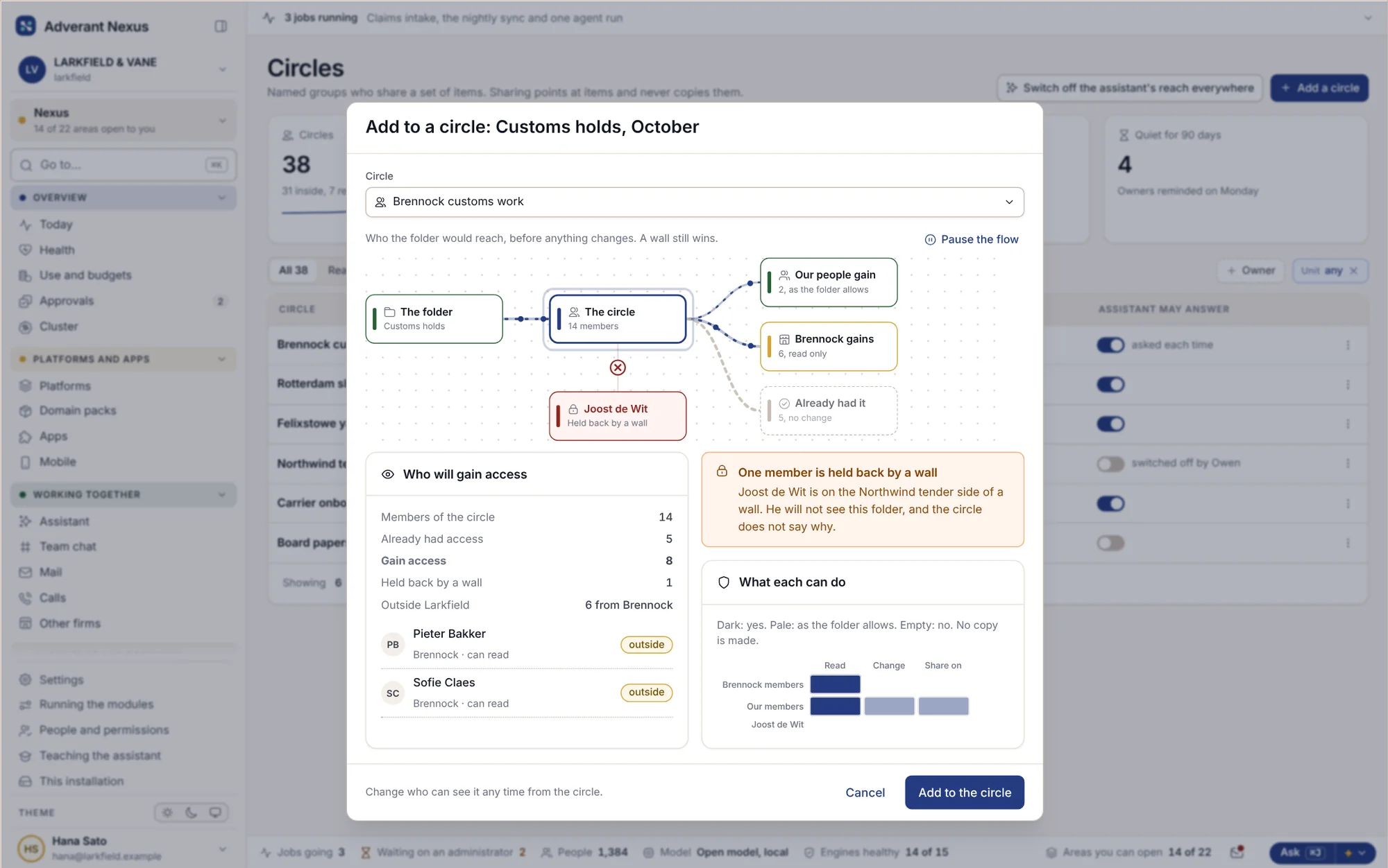 Adicionar uma pasta a um círculo com pré-visualização de quem obtém acesso