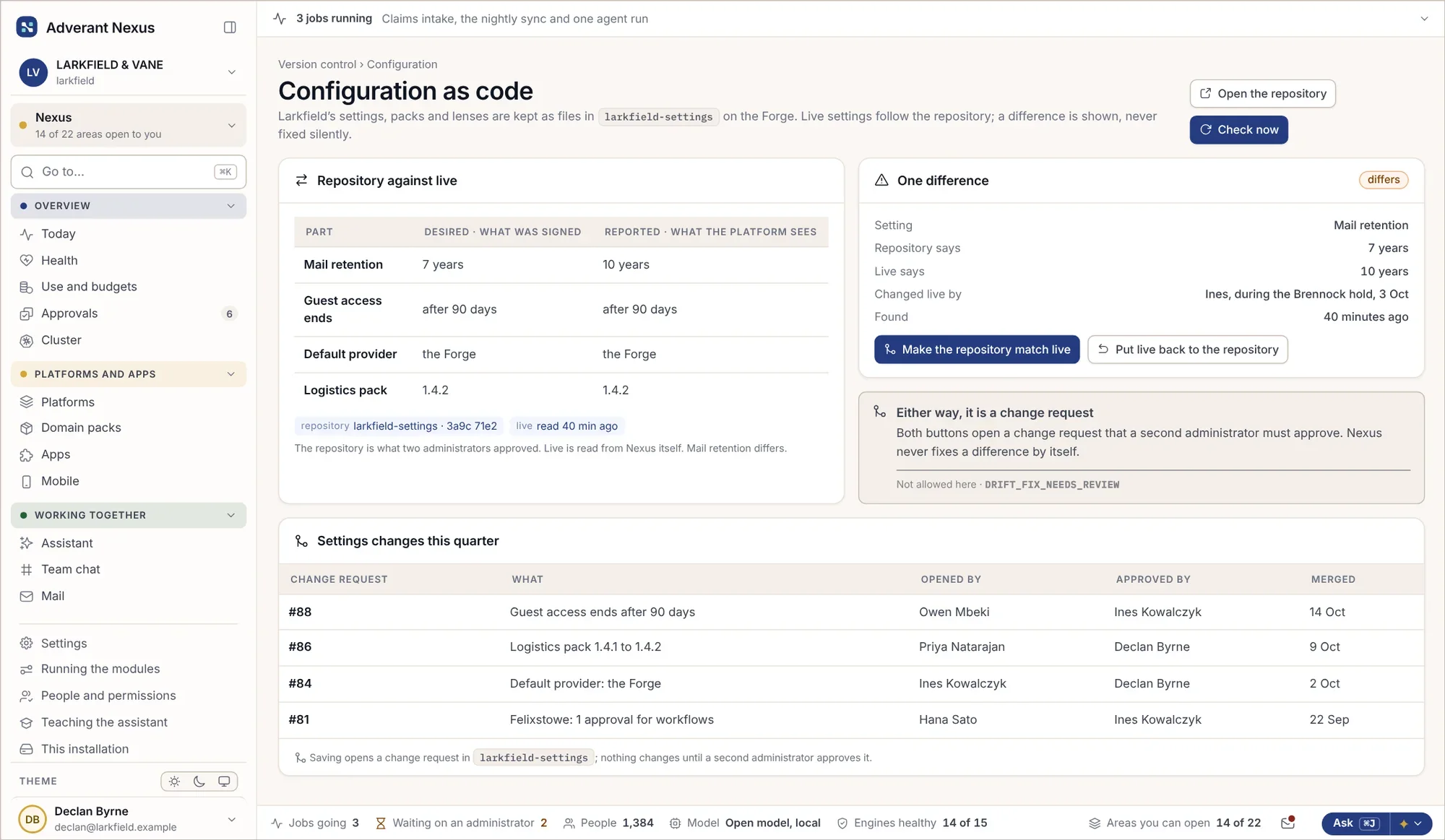 Ajustes del repositorio comparados con lo que está en producción